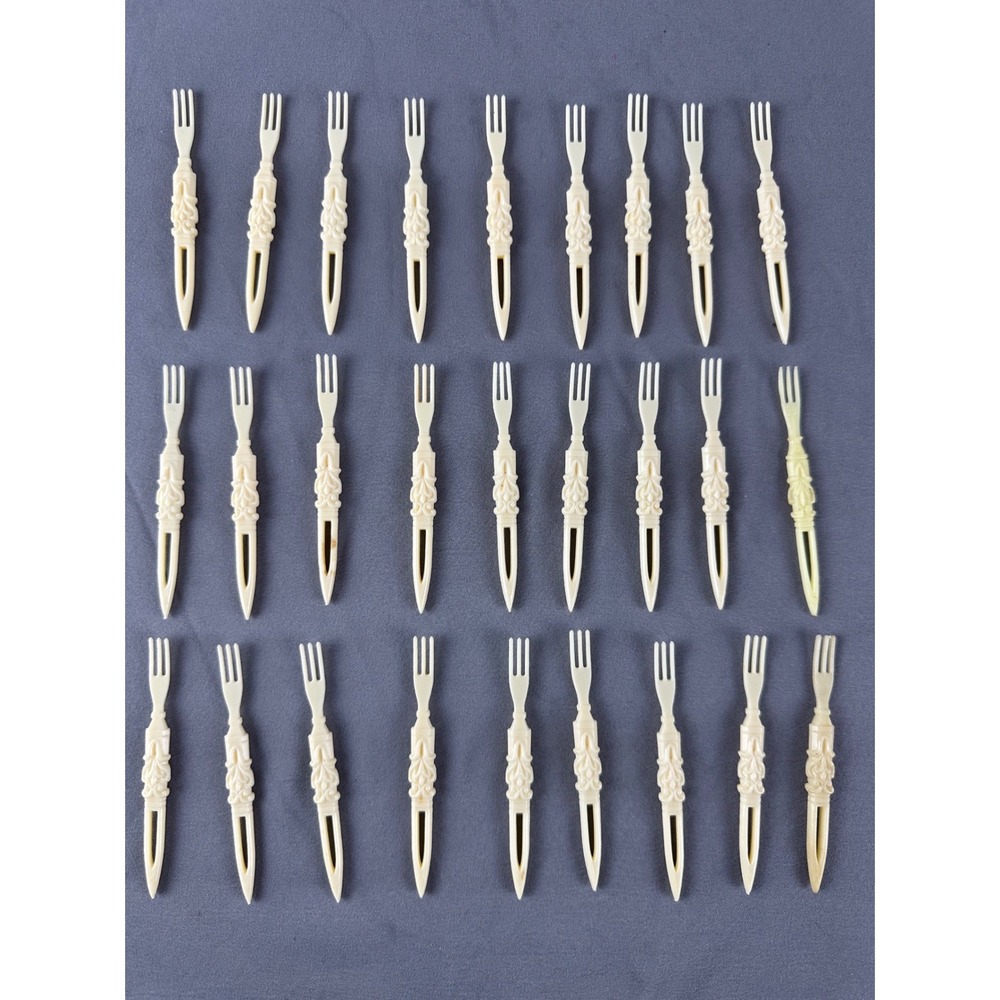 VTG Plastic Cocktail‎ Forks Set Lot 27 Ornate Mid Century Appetizer Picks Ivory